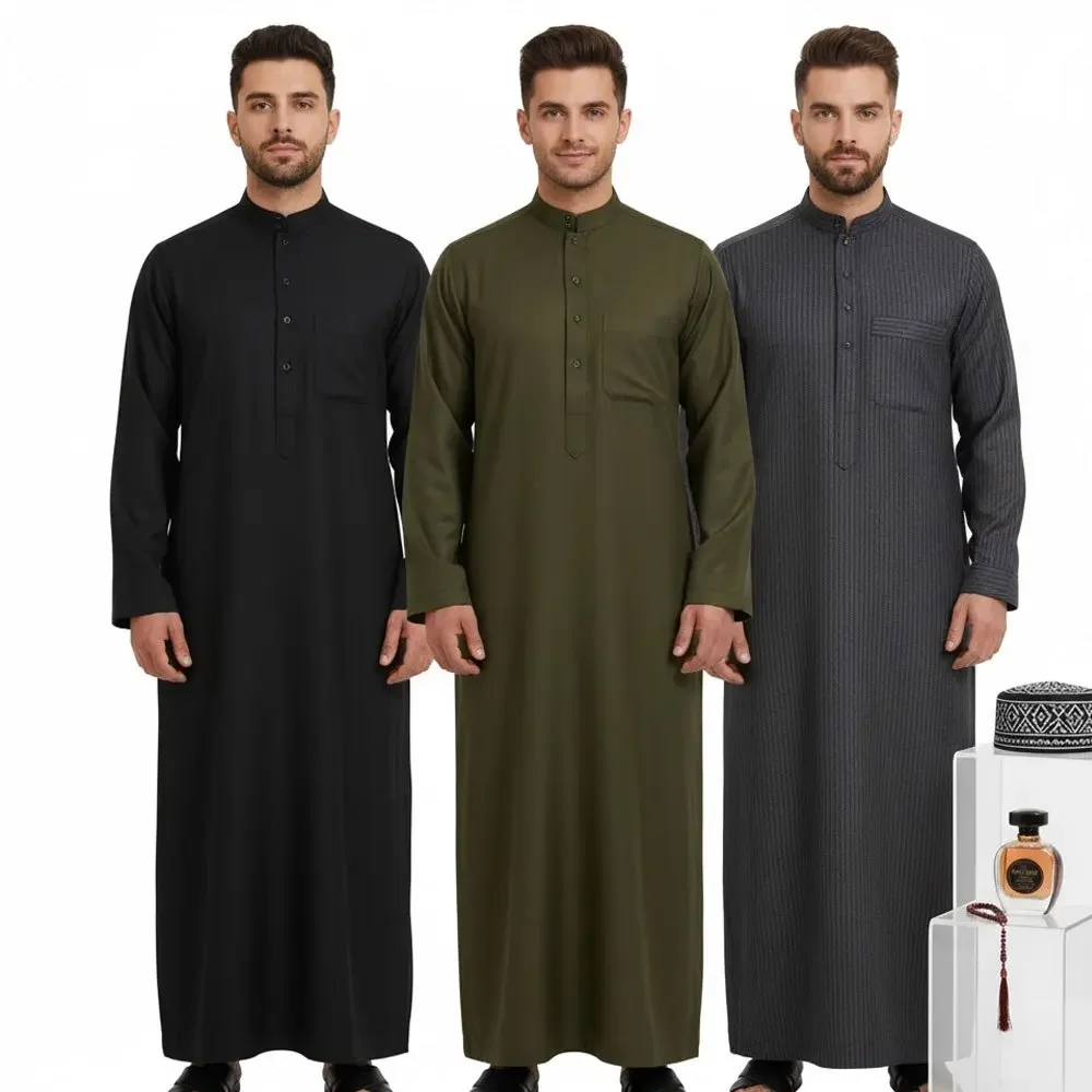 رداء إسلامي للرجال، صورة ظلية فضفاضة بياقة واقفة ورقبة دائرية، ملابس تقليدية عربية كلاسيكية في الشرق الأوسط للارتداء اليومي