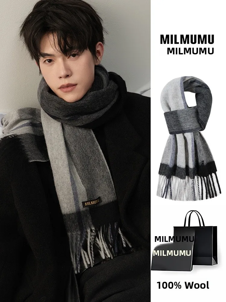 ラムエラ-エクステンデッド-プレイド-ウールスカーフ-メンズ-グレーブルー-ロング-冬用-誕生日ギフトボックス-韓国風-タッセル付き-温かいスカーフ-カップル向け