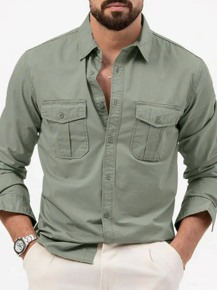 Autumn plus Size Long Swedish Shirt Men's Pocket Lapel Thickened Fleece Collar Pure Color Special Wide Fit Men's Shirt view 3