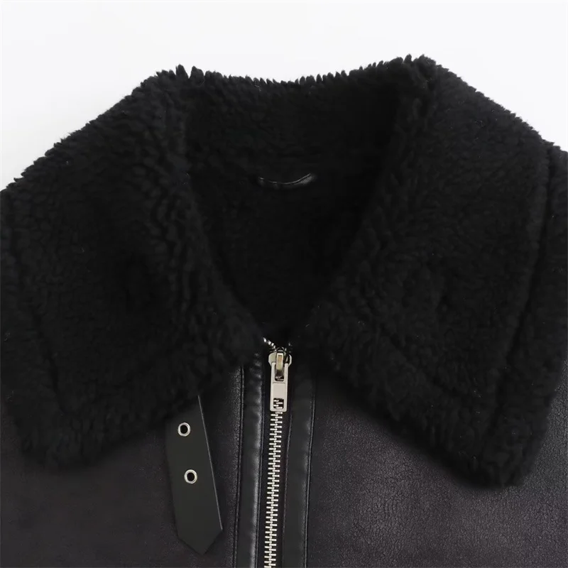 KEYANKETIAN Winter New Women Double Faced Fur Cropped Padded Jacket Coat Artificial leathe Belt trim Thick Warm Zip-up Crop Top