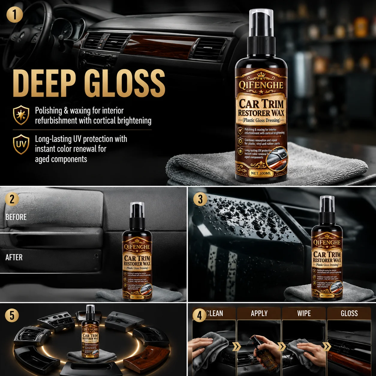 Auto Plastic Repair Ceramic Coating Hydrophobic Protector, Renew Dull Car Decor Trim Rubber Vinyl Surfaces, Waterproof Dustproof