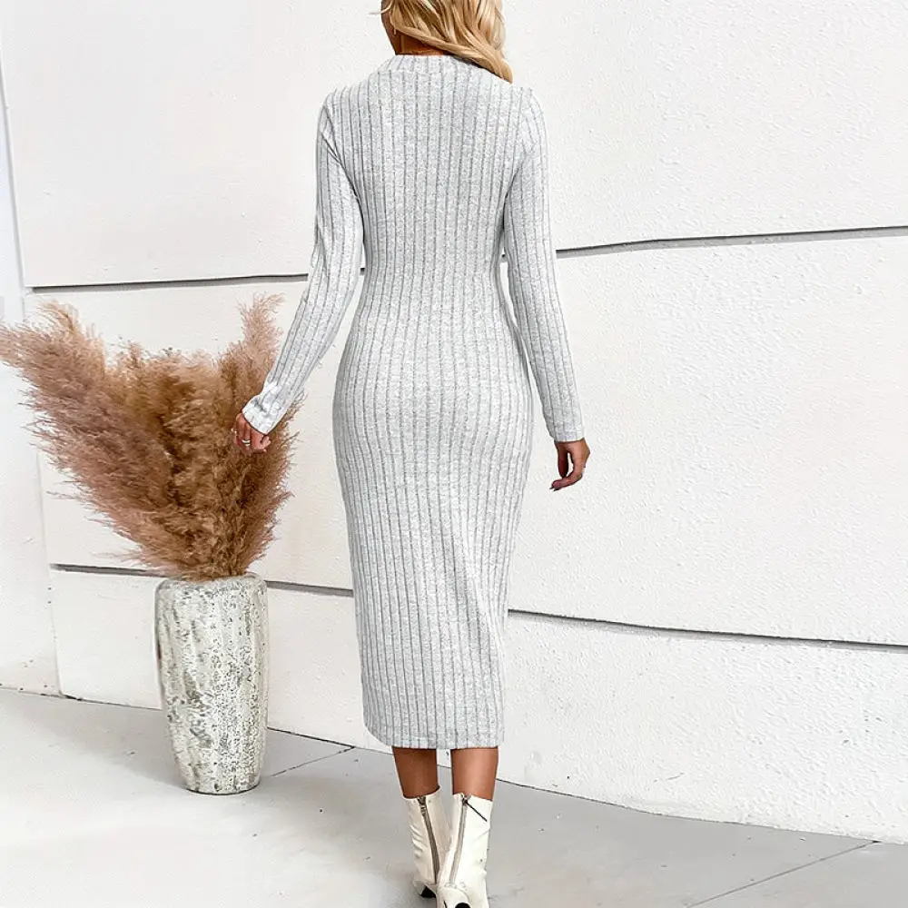 Casual Long Sleeve Knitted Pencil Dress Women Slim Fit Bodycon Maxi Dresses Elegant Office Party Soft Stretch Outfit