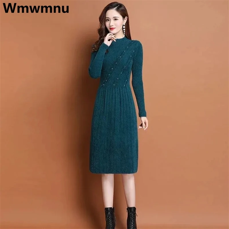 

Thick Imitation Mink Knitted Dress Slim High Turtleneck Knitwear Vestido Warm Bottoming Dresses Fall Winter Sweater Midi Robe