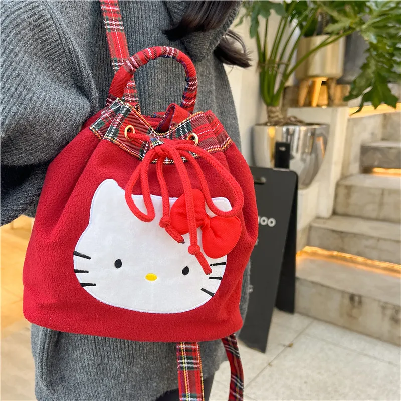 Sanrio Hello Kitty Vintage rojo a cuadros moda mochila Universidad viento rojo pequeño ligero Casual salir niñas bolso de escuela