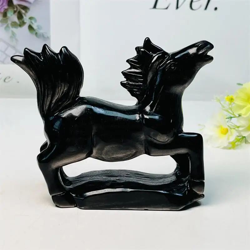 

Natural Silver Obsidian Horse Carving Animal Landscaping Healing Christmas Home Office Decoration Gift 1pcs