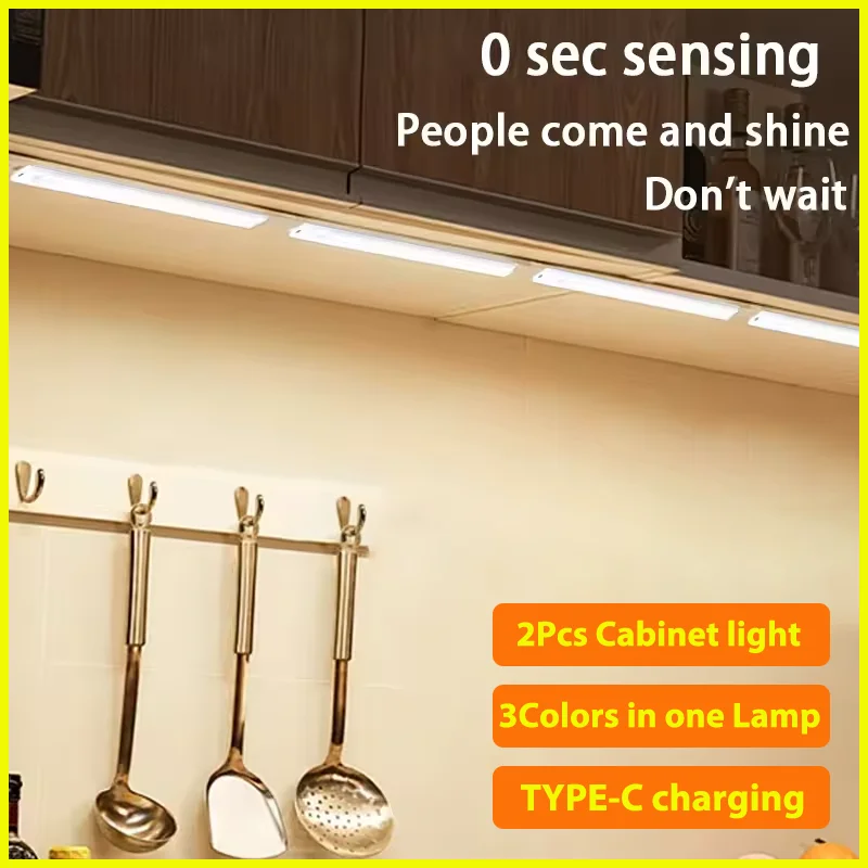 2-teiliges kabelloses LED-Nachtlicht mit Bewegungsmelder, Typ C, wiederaufladbar, Schrank- und Kleiderschranklampe für Küche, Treppe, Schlafzimmerbeleuchtung