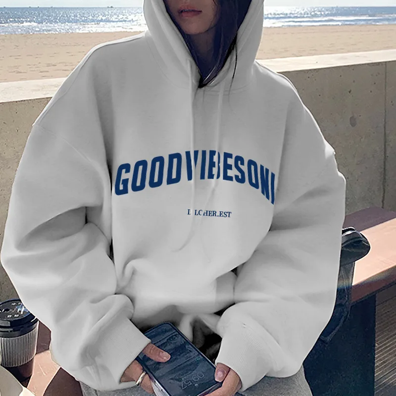 Letter Print Hoodies Women Vintage Winter Autumn Loose Hooded Shirt Grunge Street Sweatshirt Y2k Clothes Warm Oversize Pullovers