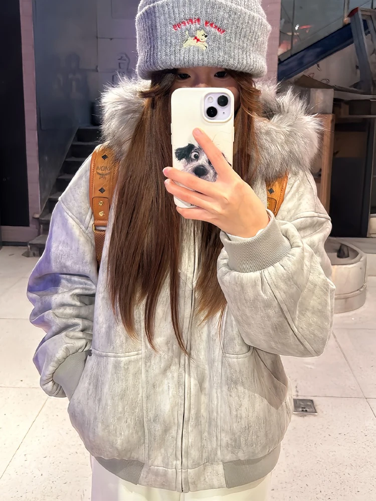 

American Sle Loose Fit Hooded Cotton Jaet Dyed Thiened Fur Collar Men's Winter Warm Outerwear Casual Youth Faion