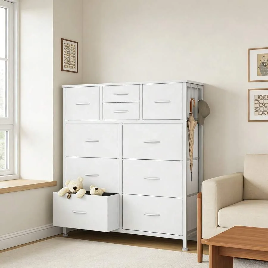 Sweetcrispy 10-Drawer Dresser With Side Pocket and Hooks, Storage Cabinet With Wood Top For Bedroom Closet Organization