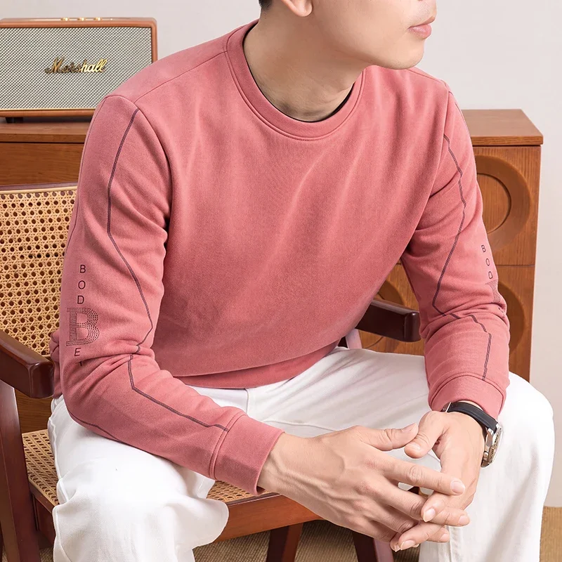 Mens Daily Crew Neck Sweatshirt Long‑Sleeve Sleeve‑Side Letter Print Contrast Stitching Relaxed Fit Casual Shirts view 4