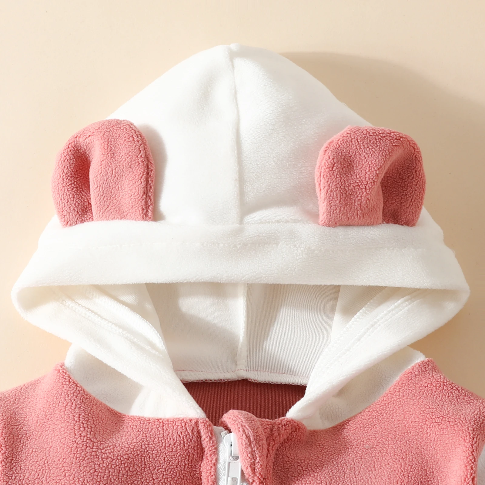 Two-piece baby and toddler Valentine\'s Day velvet rabbit ears hooded zipper love embroidered color contrast long sleeve pants se