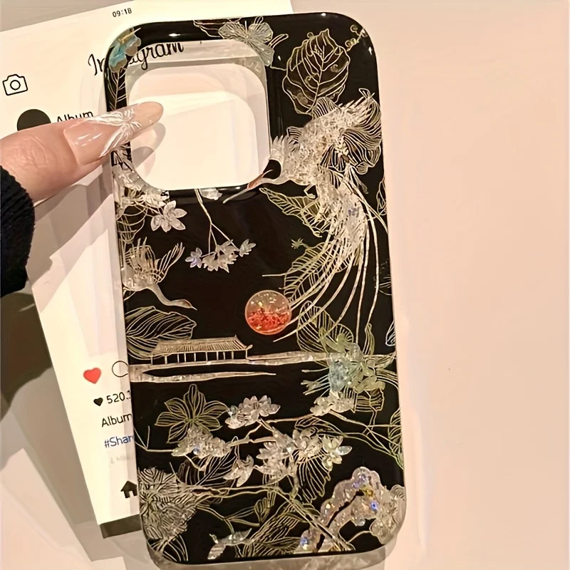 Advanced Chinese Crane Flowers Luxury Phone Case For iPhone 17 16 15 14 13 12 11 Pro Max 7 8 Plus XR XS Silicone TPU INS Cover