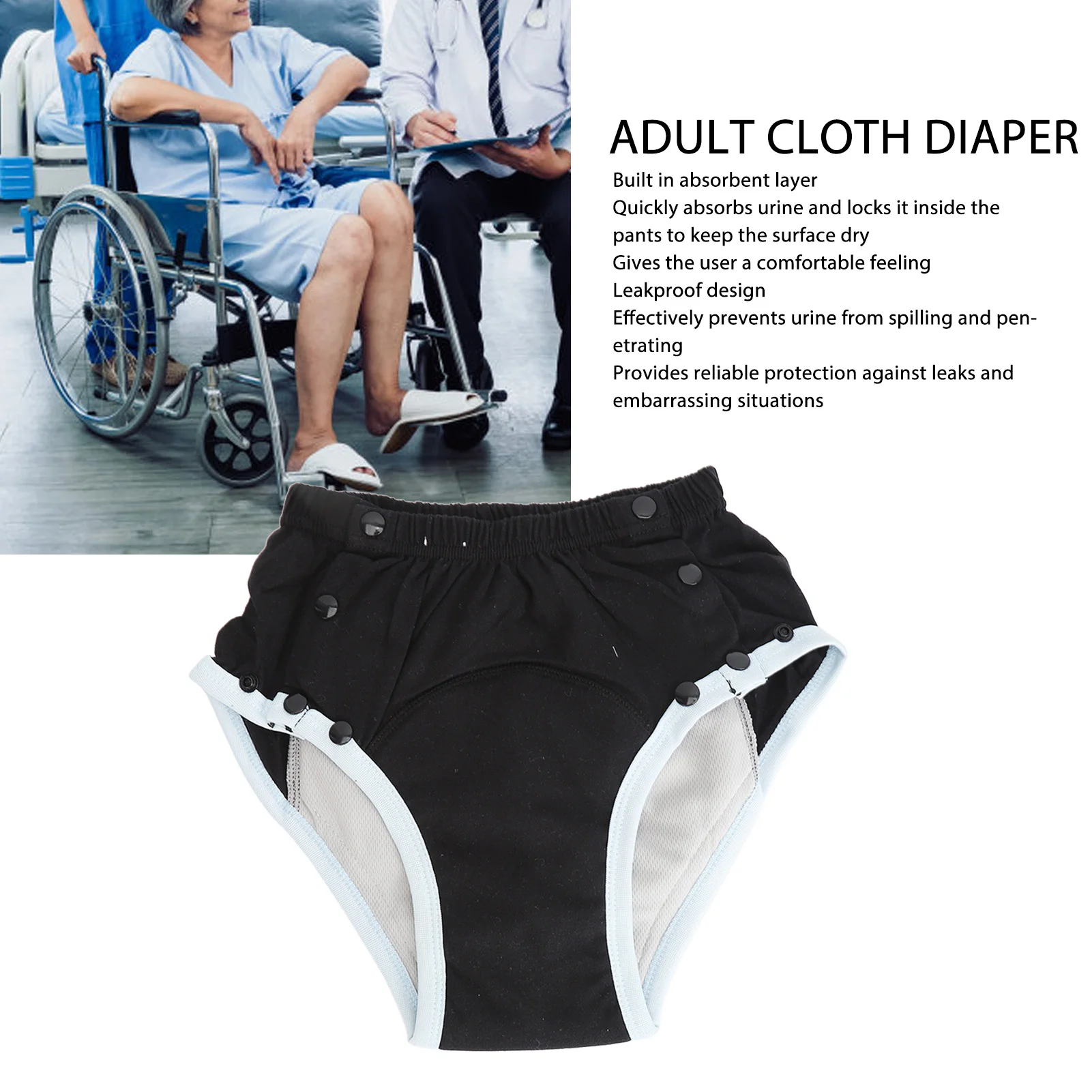 Adult Incontinence Cloth Diaper Washable Adult Diaper Leakproof Comfortable Pure Cotton Adult Incontinence Cloth Diaper Black