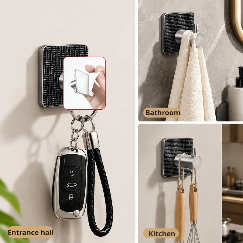 Crystal Inlaid No Drill Self‑Adhesive Wall Hooks Waterproof Hanging Hook for Towel Clothes Bathroom Bedroom