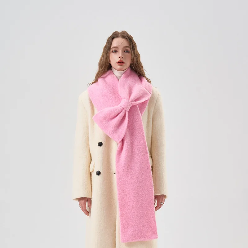 Niche Korean Style Designer Model Plush Soft Bow Wool Scarf Winter Warm Show White Thickening Scarf