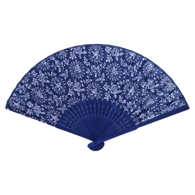 Chinese Summer Folding Hand Fan Fabric Flower Floral Pattern Summer Blue Fan Wedding Party Favor Gift