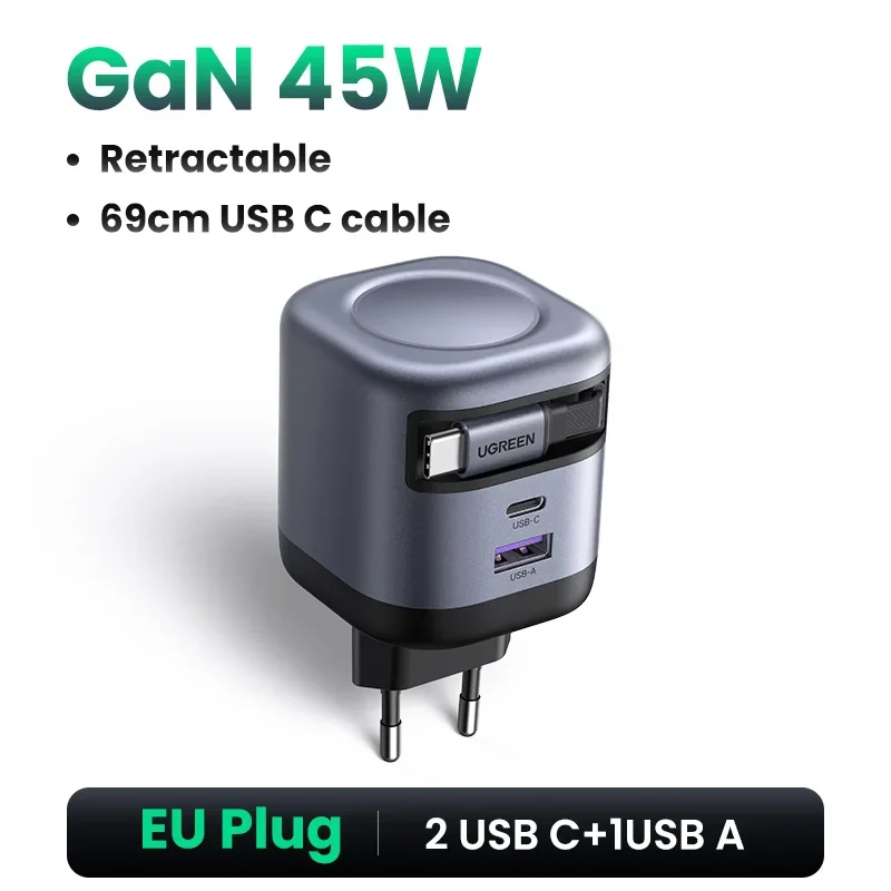 UGREEN 100W GaN-oplader met intrekbare USB C-kabel UFCS PPS PD snellader voor laptop Macbook Pro iPad tablet iPhone Samsung