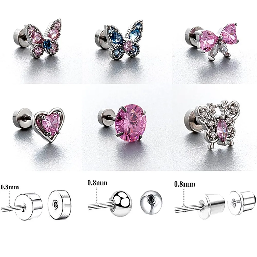 1PC Titanium Steel Butterfly Zircon Ear Bone Stud Stud Ear Tragus Internally Threaded flat bottom Cartilage Piercing Earring