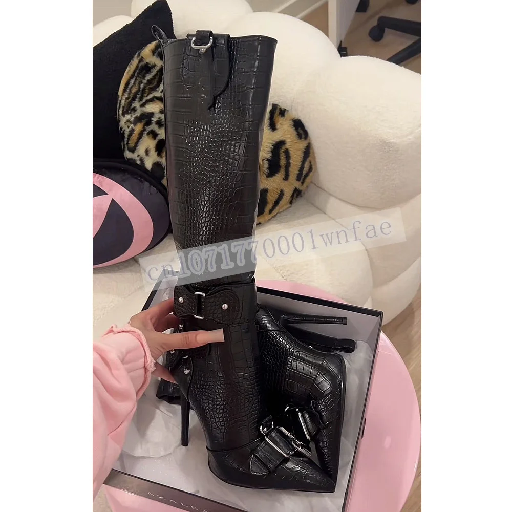 Women Crocodile Embossed Knee High Boots Pointed Toe Buckle Stiletto Heel Long Boots Punk Metal Rivet Decor High Heels For Club