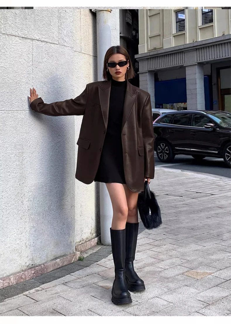 Lautaro Autumn Black Brown Soft  Pu Leather Blazer Women Shoulder Pads Long Sleeve Single Breasted Loose Casual Korean Fashion