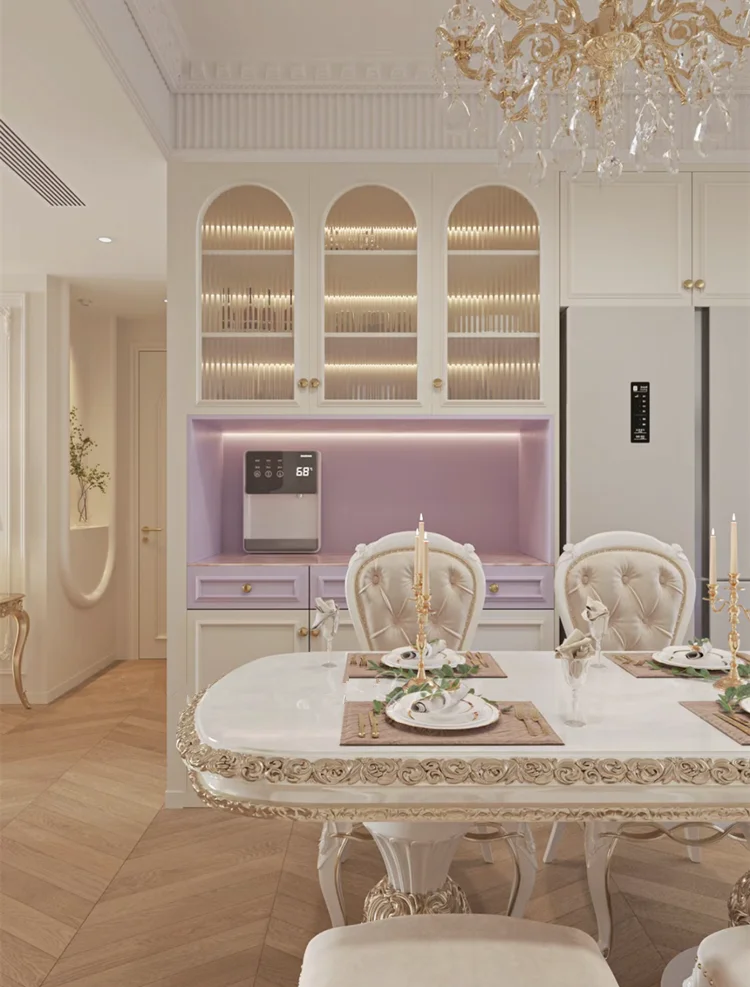 Y French light luxury retro style solid wood dining table carved pink rectangular dining table and chair combination