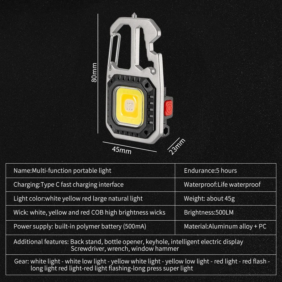 Multifunctional LED Flashlight Rechargeable Keychain Light Portable COB Work Light Outdoor Emergency Camping Torch Screwdriver