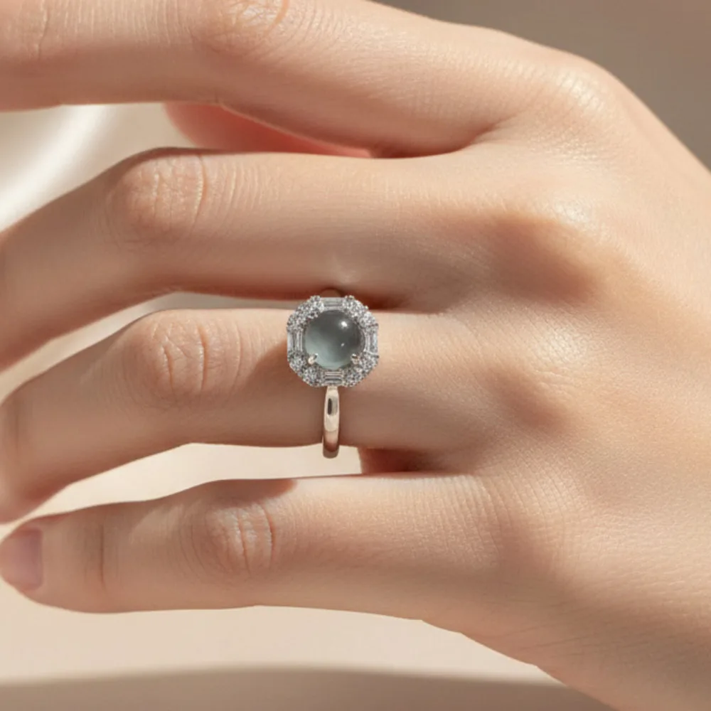 

GL Natural Jade Ring, 925 Sterling Silver, 6mm Egg-shaped High-Ice Blue Water Jade Open Ring, Ideal Gift