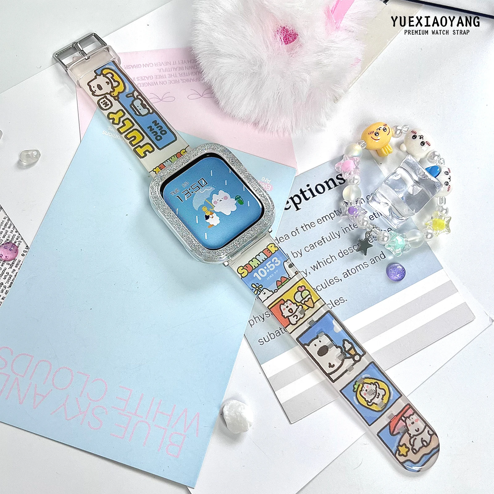 

White Bear floral watch band for Apple Watch 11 10 9 8 7 Band Replaceable Bracelet for iWatch 42mm 41mm 40mm 38mm Watchband