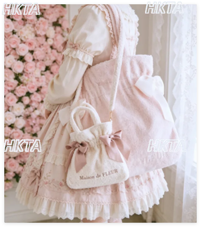 Japanese Sweet Autumn Cute Double Bow Portable Messenger Bag Women Girls Lolita Versatile Letters Large Capacity Backpack Bags