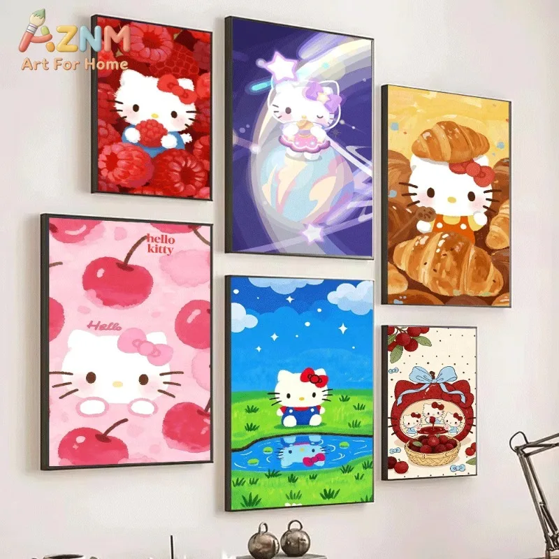 Hello Kitty Canvas Poster Cute Sanrio Cartoon Print Unframed Canvas Art Raspberry Cherry Croissant Fruit Sweet Kawaii Aesthetic