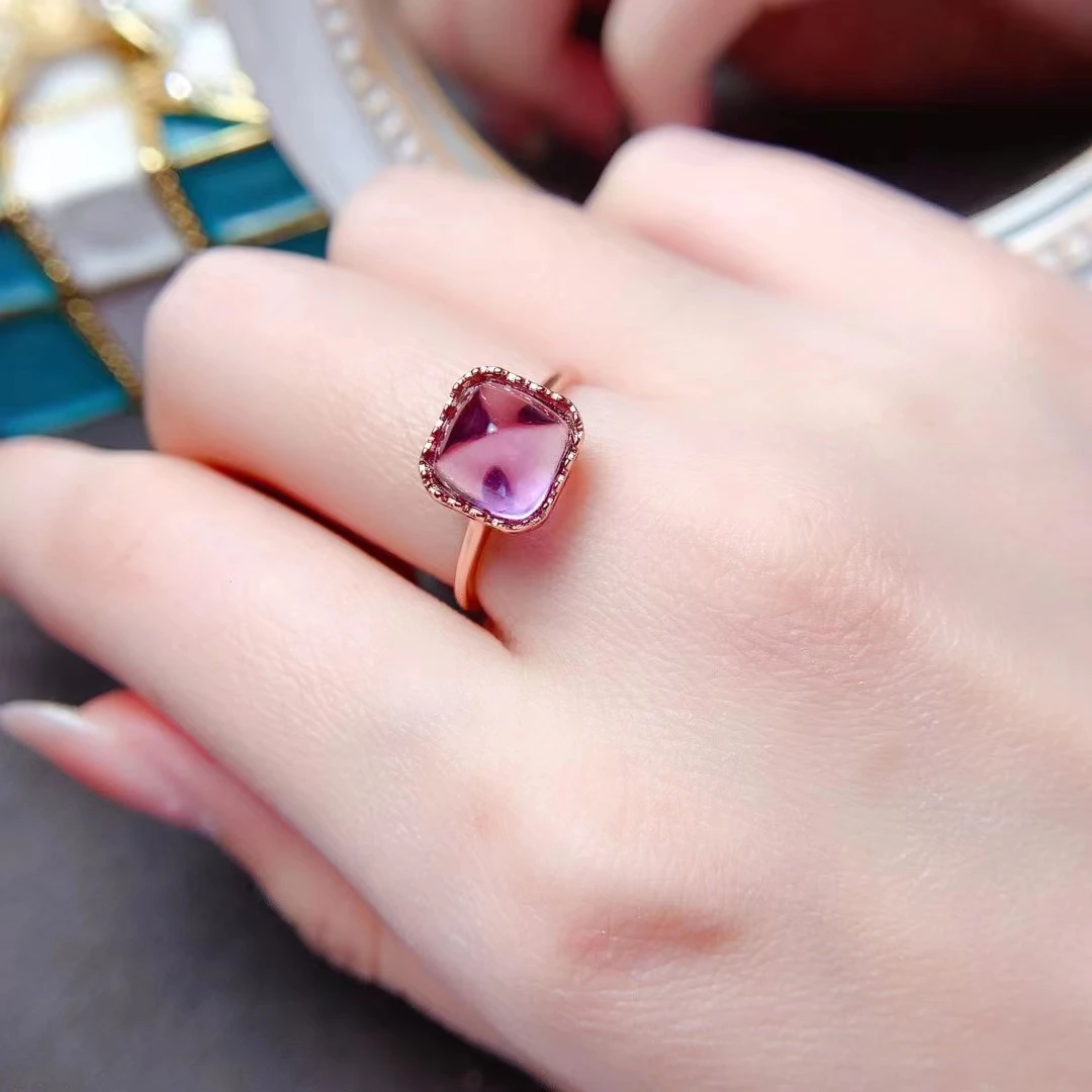 Fashion Sugarloaf Amethyst Ring 8mm*8mm VVS Grade Natural  Amethyst Silver Ring 925 Silver Crystal Jewelry