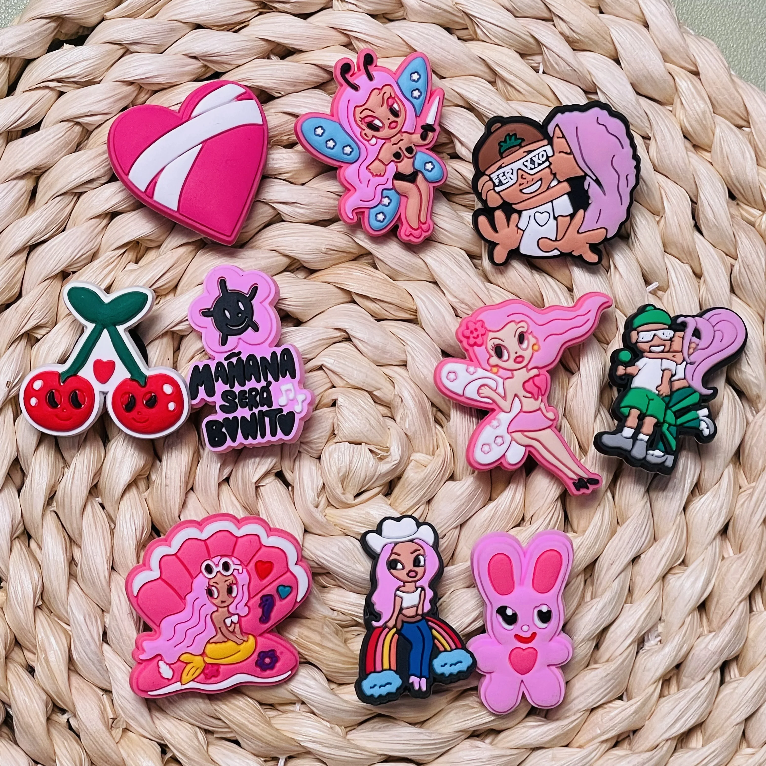 New Arrival 1-10pcs PVC Cartoon Woman Singer Cherry Heart Shoe Charms Buckle Clog Fit Wristbands Backpack Decoration Teens Gift