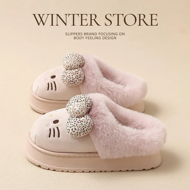Cartoon Plush Cotton Slippers San-rio Hello Kitty Anime Women's Winter Warm New Anti-Slip Wear-Resistant Thick Sole Home Shoes gallery 5