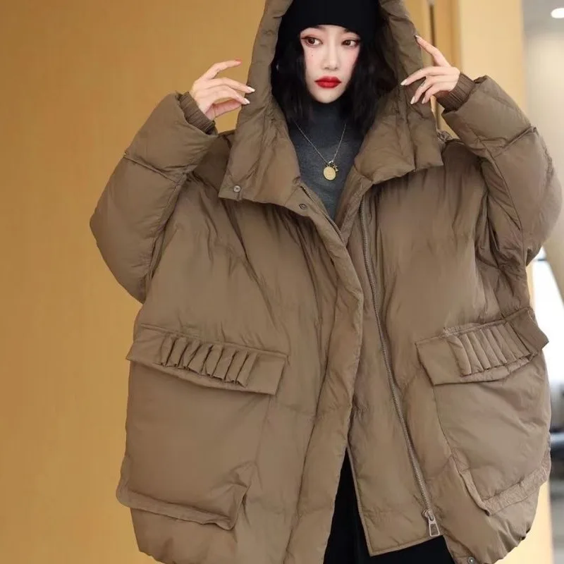 2023 New Women Down Jacket Winter Coat Female Mid-length Super Size Parkas Batwing Sleeve Loose Simple Outwear Hooded Overcoat