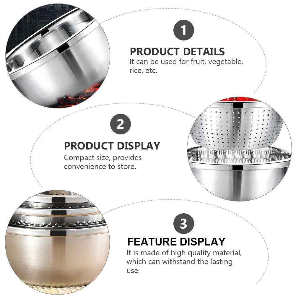 

3 Pcs Stainless Steel Leaking Basin Set Fruit Sink Drain Strainer Drainers Draining Bowl