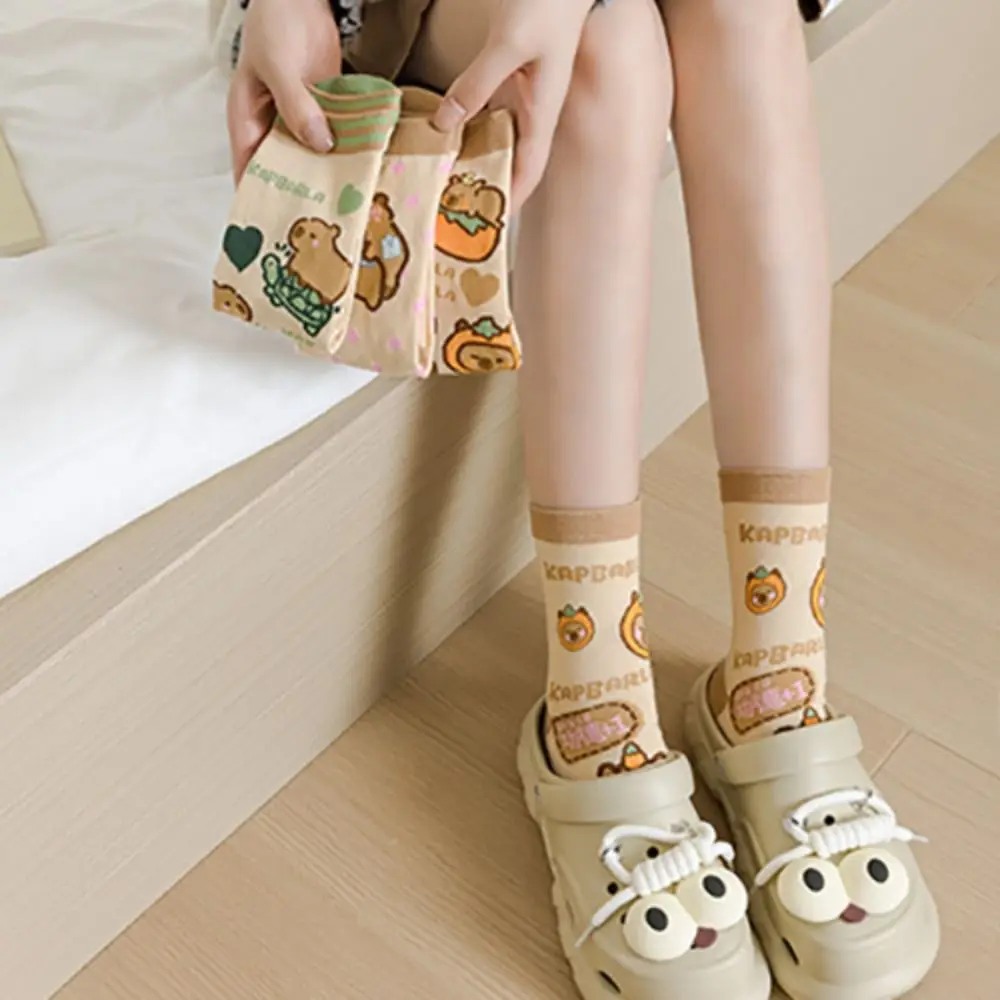 3Pairs Fashion Stripe Capybara Tube Socks Dot Letter Cotton Mid-calf Socks Patchwork Female Hosiery Cartoon Socks Streetwear