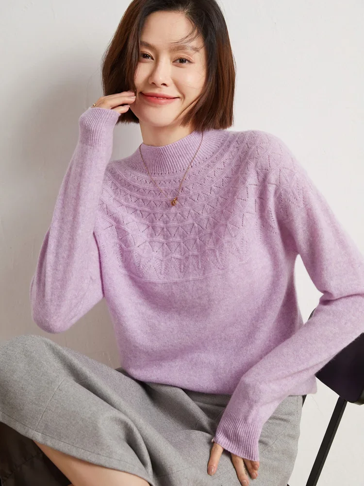 

Autumn Winter Mock-neck Pullover Sweater For Women Merino Wool Solid Hollow Soft Cashmere Knitwear Female Clothing Tops A88