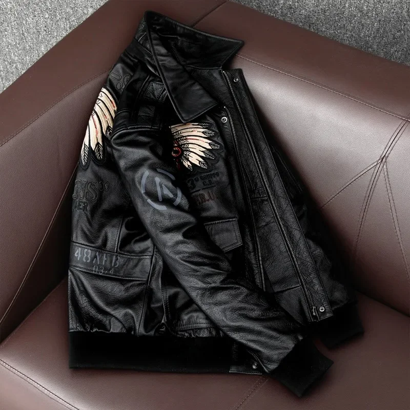 Embroidery Flying Suit Natural Genuine Leather Coat Men Cowhide Leather Motorcycle Jackets Slim Fashion Clothing 2023 New Jacket