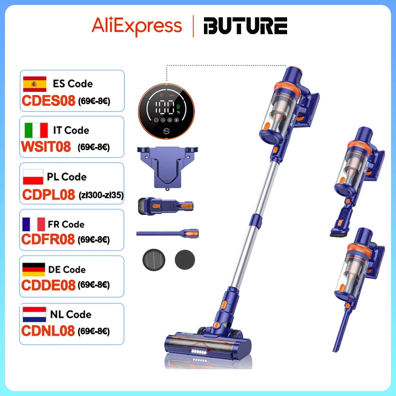 BUTURE 450W 38Kpa Suction Power Handheld Cordless Wireless Vacuum Cleaner for Home Appliance 1.2L Dust Cup Removable Battery