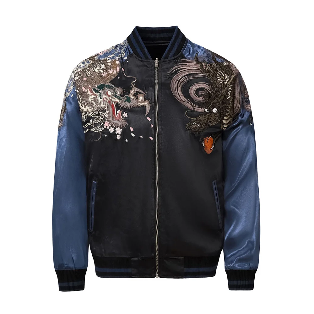 

Hip Hop Men's Chinese Style Dragon Embroidered Zipper Jacket Autumn Streetwear Harajuku Yokosuka Baseball Coat