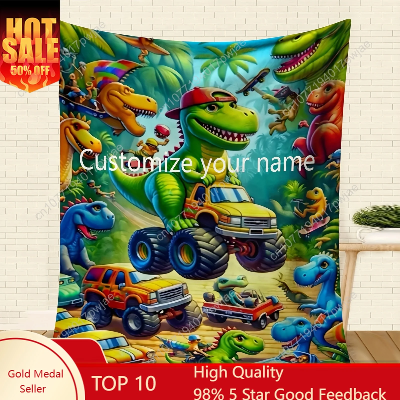 1 Car Dinosaur, Can Be Customized with Your Favorite Name, Customized Flannel Fleece Blanket, Personalized with Various Images,