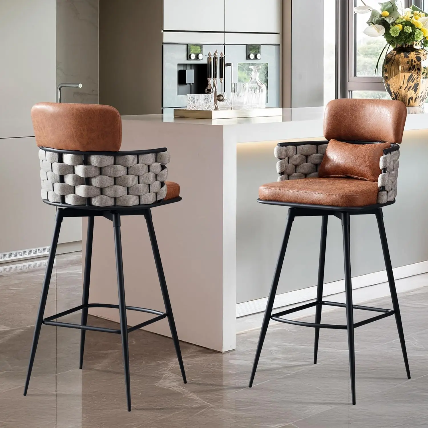 

Набор из 2 поворотных барных стульев, высота 30 дюймов, барные стулья ручной работы с плетеным сиденьем, спинкой и подставкой для ног, в стиле середины века, на заказ