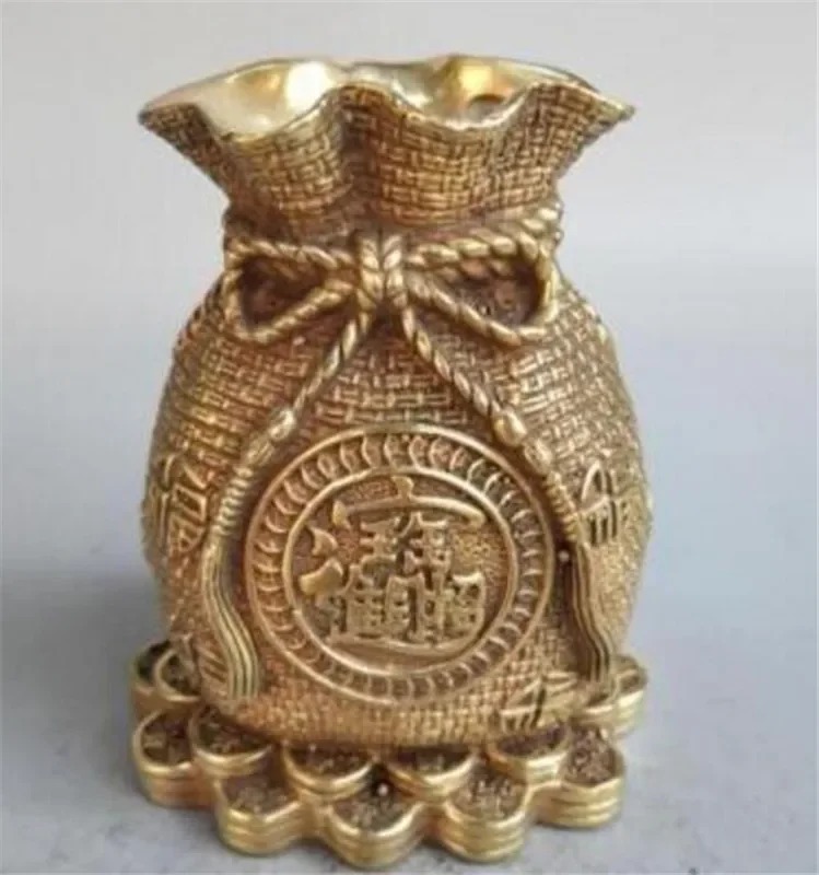 COPPER STATUE Chinese Pure Brass   Carving Coin Money Sack Piggy Bank Blessing Bag Crafts Statue