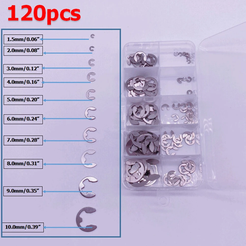120Pcs E-Clips C Clips Stainless Steel Kit Retaining Ring Snap Internal Circlip Ring Assortment Kit Assorted 1.5mm To 10mm