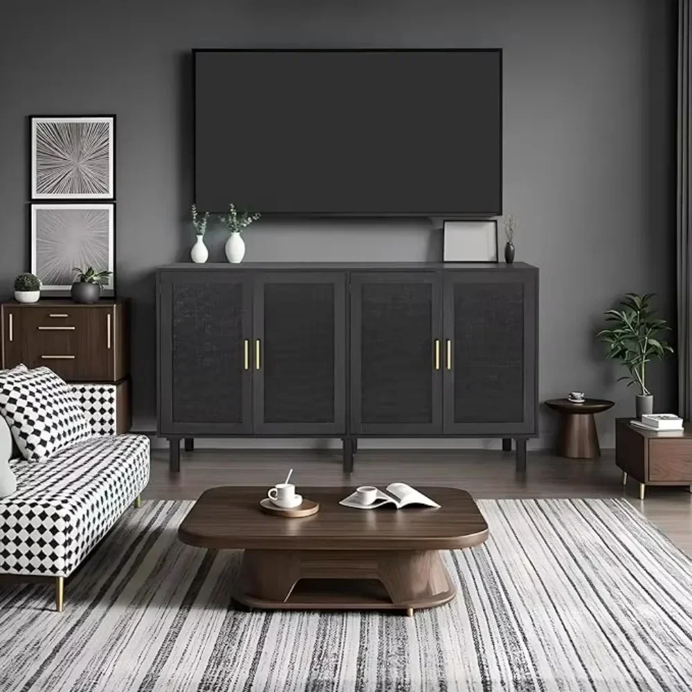 Küchenschrank mit schwarz lackierten Rattan-türen, Schrank-Konsolentisch, Schrank mit Boho-Akzent