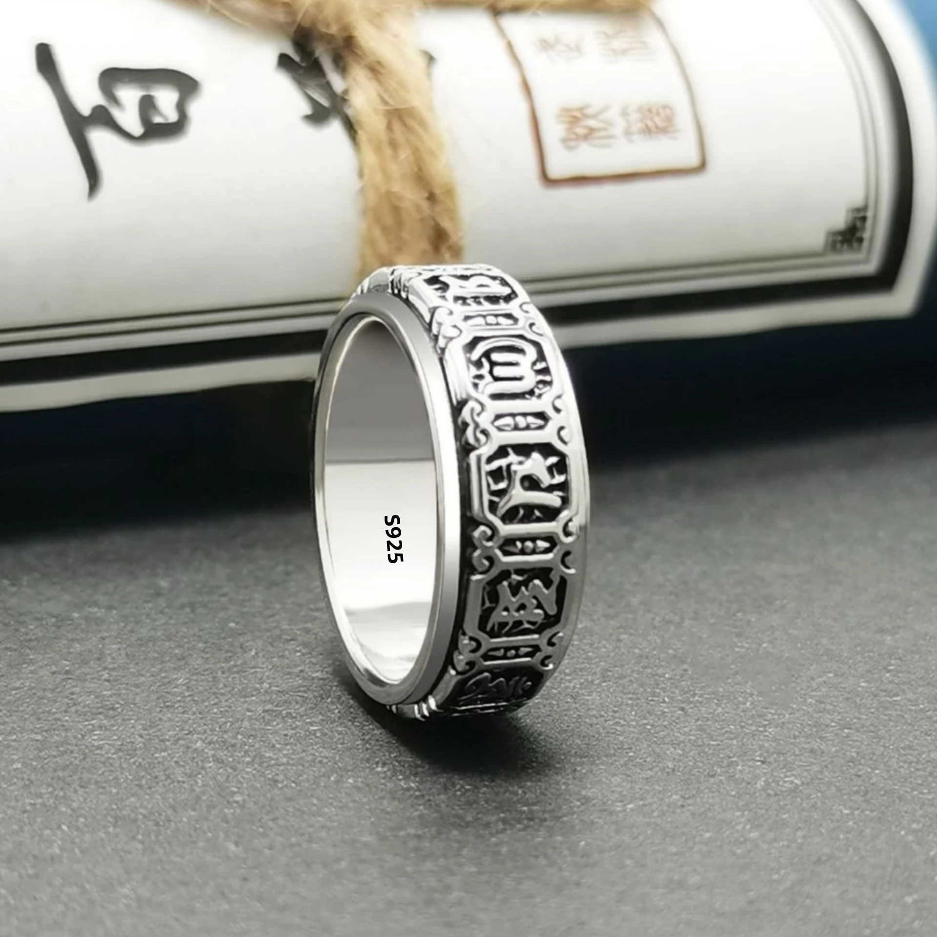 Rotatable Six Mantra Ring for Men and Women S925 Sterling Silver Vintage Tibetan Buddhist Engraved Band Jewelry Gift