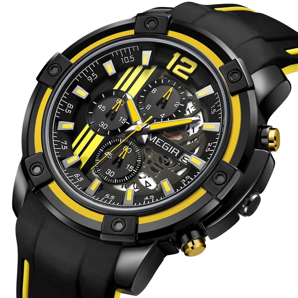 MEGIR Men\'s Yellow Silicone Strap Quartz Watches Chronograph Sports Clock for Man Rubber Military Army Male Gift Wristwatch 2097