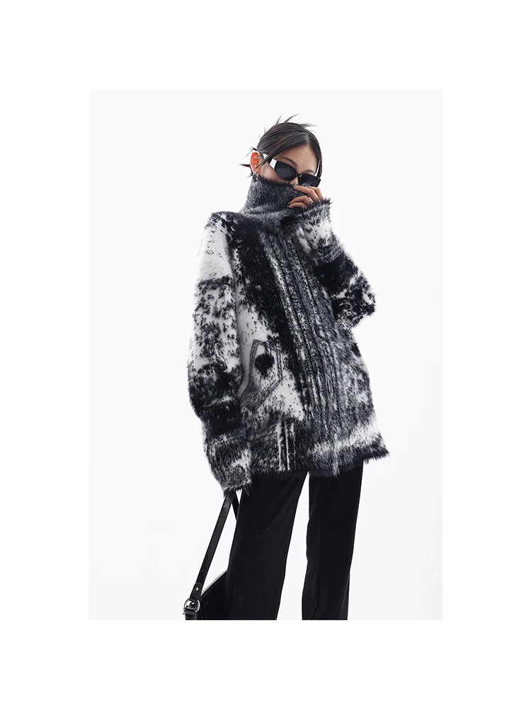 2023 Winter Lapel Loose Female Sweater Harajuku Oversize Tie Dye Contrast Color Women Knit Teddy Jacket Fluffy Plush Knitwear