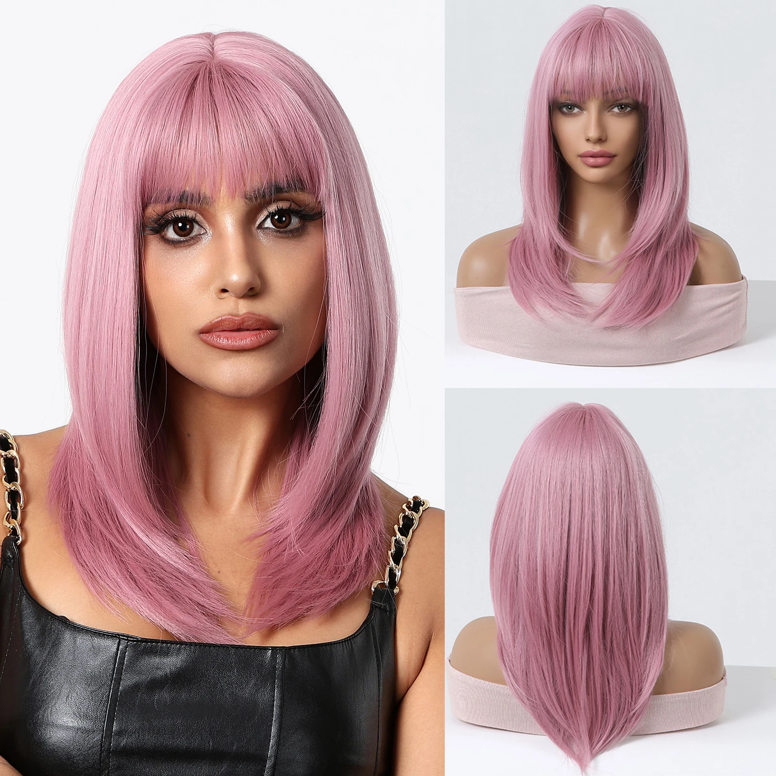 

Pink Long Synthetic Wigs for Cosplay Long Straight Layered Wigs with Bangs Lolita Party Wig for Women Heat Resistant Fake Hair