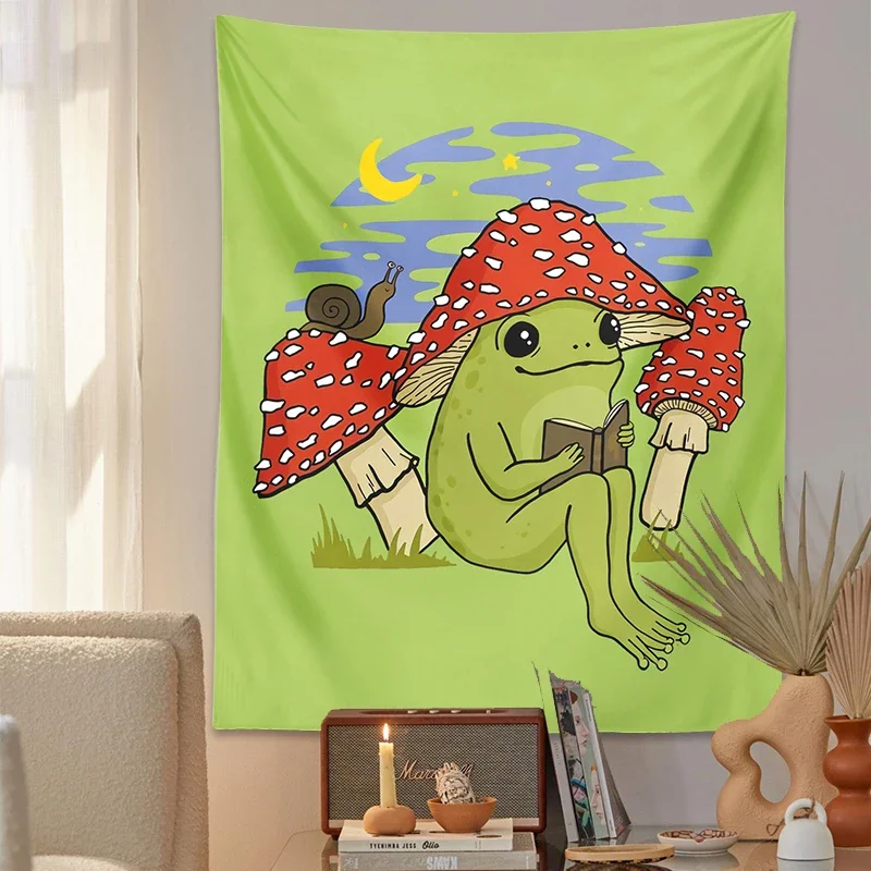 Cute Cottagecore Frog Mushroom Tapestry Happy Bookish Froge Under Night Sky Goblincore Toad Cartoon Cute for Kids Room Decor